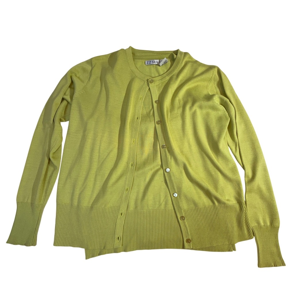 ZZ Silk Twin Set Size L Chartreuse Silk Cotton Cardigan Shell